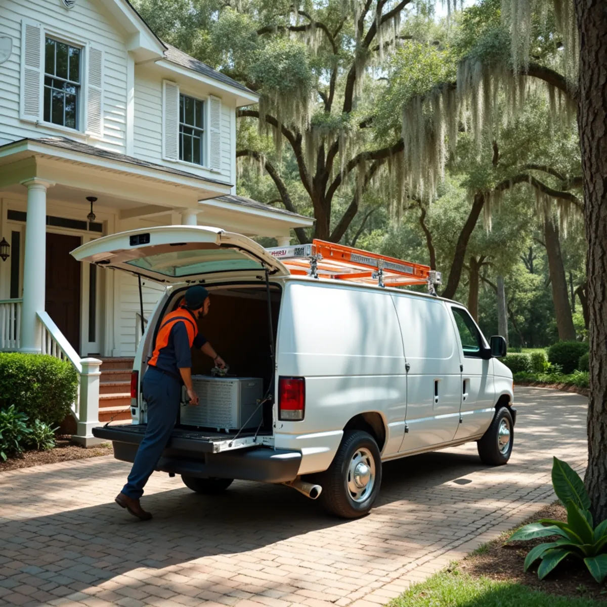 HVAC Covington LA branded service van in front of a Covington home