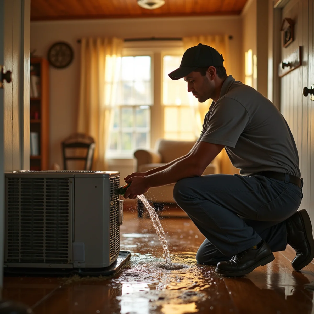 Water pooling around an indoor air handler and ceiling stain in a humid Covington, LA home
