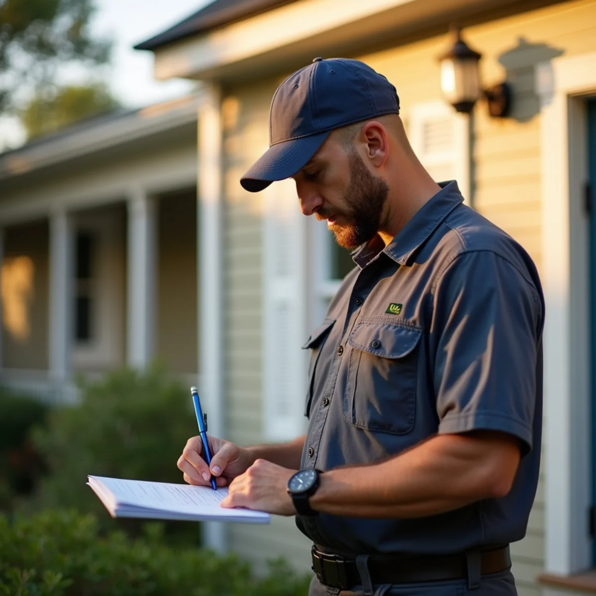 HVAC technician writing a line-item AC repair estimate for a homeowner in Covington, LA