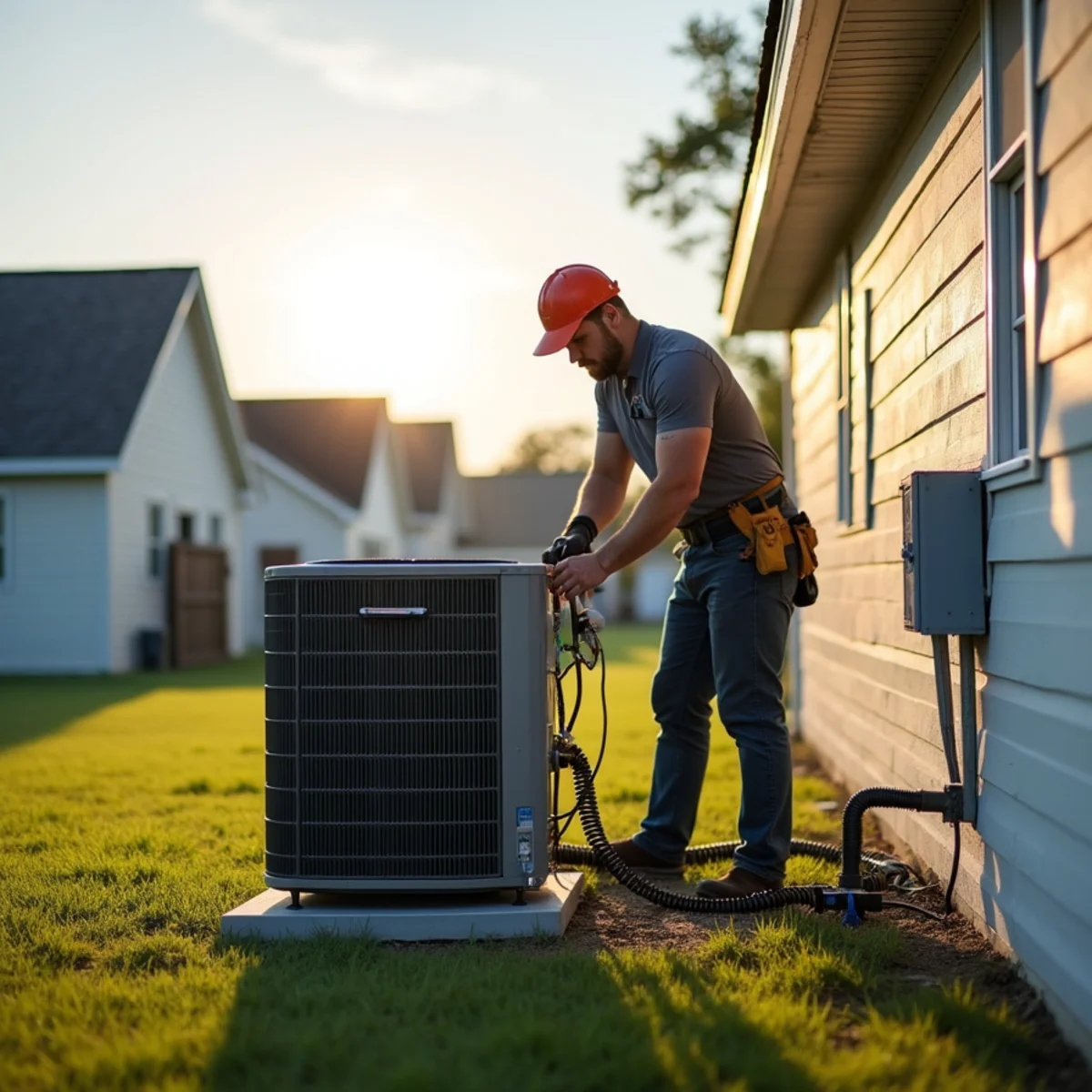 New AC condenser installed beside a home in St. Tammany Parish, Louisiana