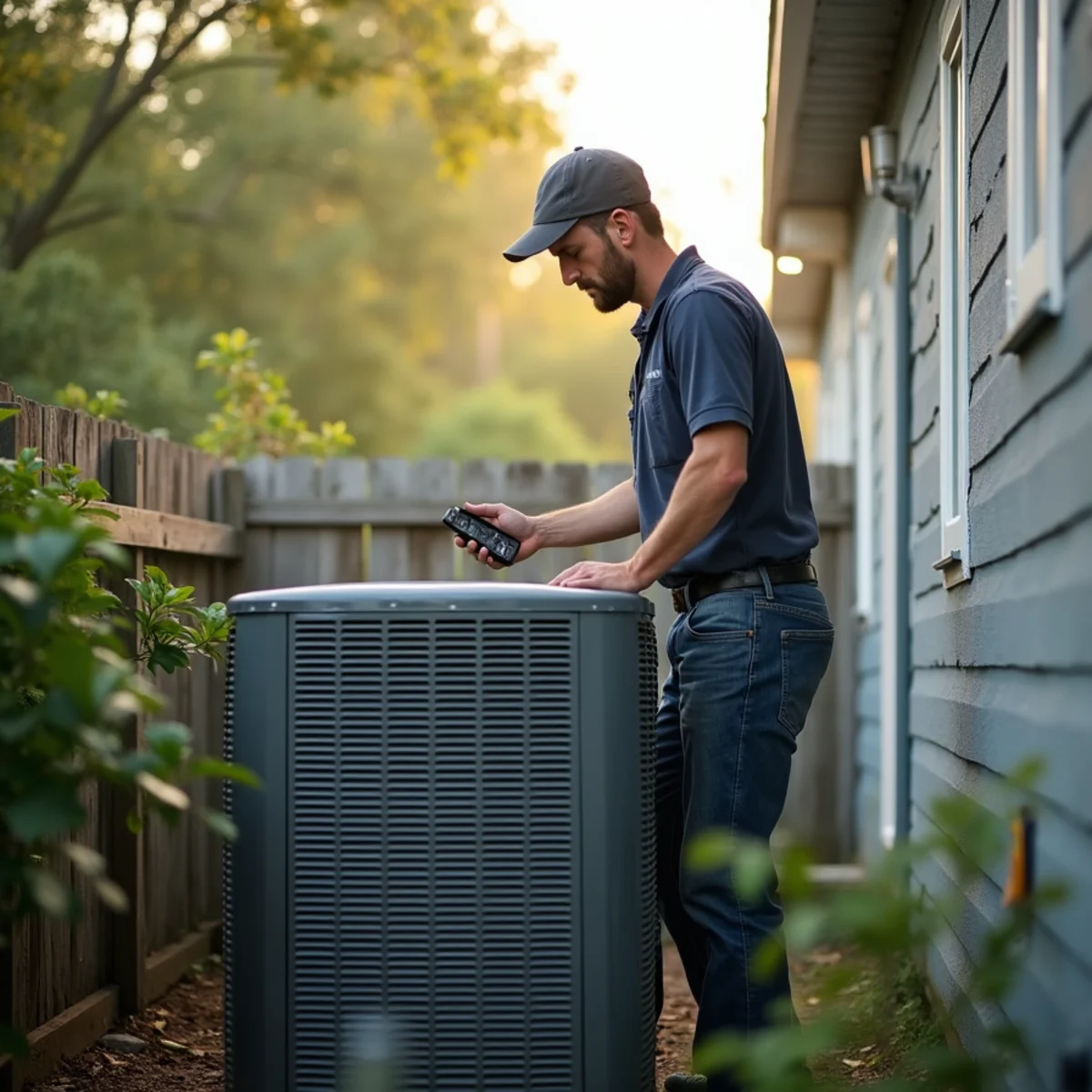 Outdoor AC condenser running in a humid Covington, LA backyard on a summer afternoon