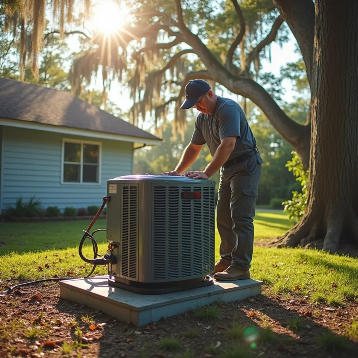 HVAC technician setting a new condenser on an elevated pad at a flood-prone home in Albany, LA
