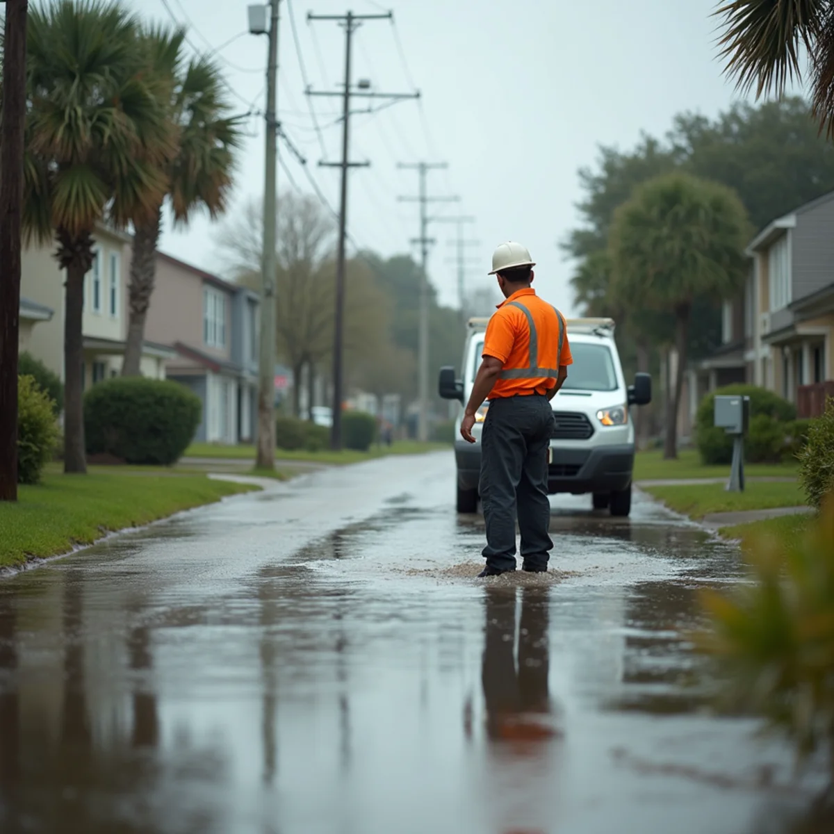 Flooded street near the Bogue Falaya River in Covington with homes and HVAC units at risk