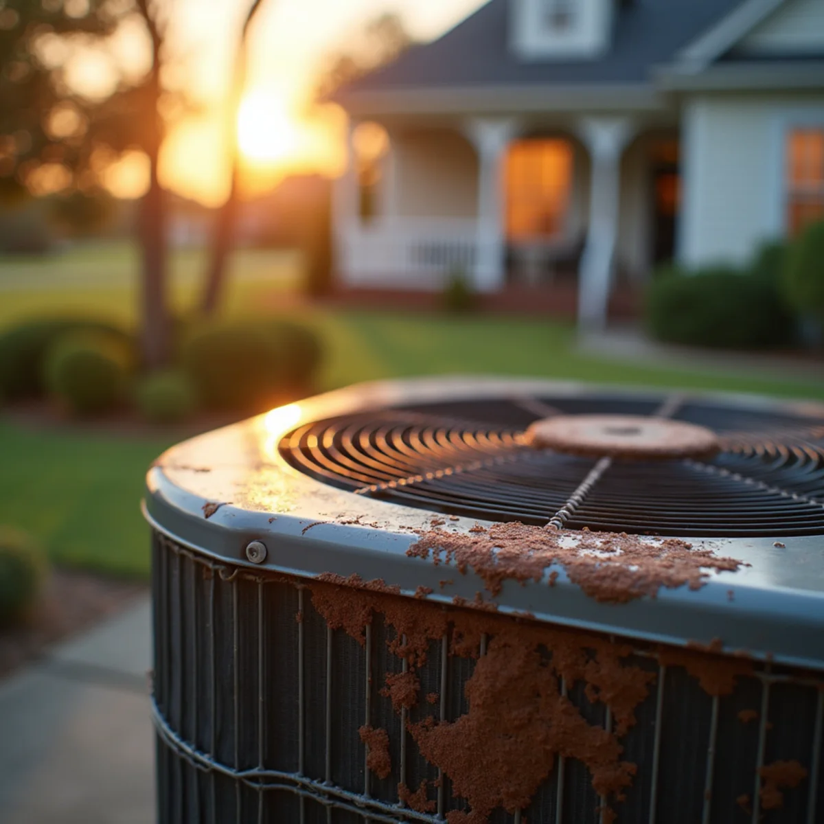 Corroded outdoor condenser coil on an AC unit near Lake Pontchartrain in Eden Isle