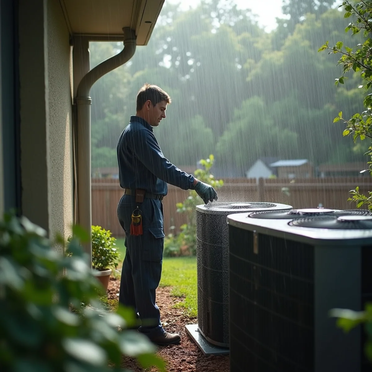 Rain falling on a Covington, LA home with an outdoor AC unit in high humidity