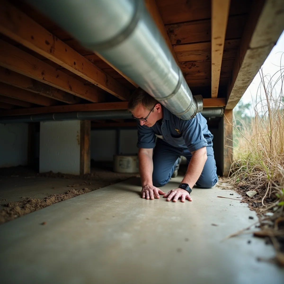 Technician inspecting ductwork and vapor barrier in a damp crawlspace under a Madisonville, LA home