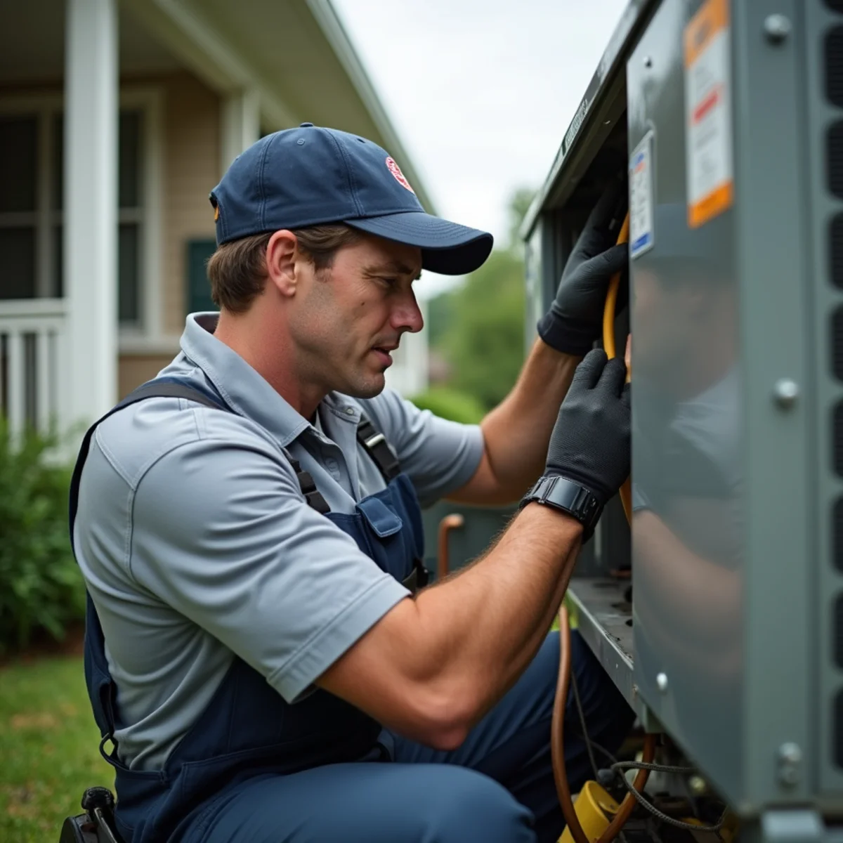 Technician performing emergency AC repair on a hot summer day in Covington, LA