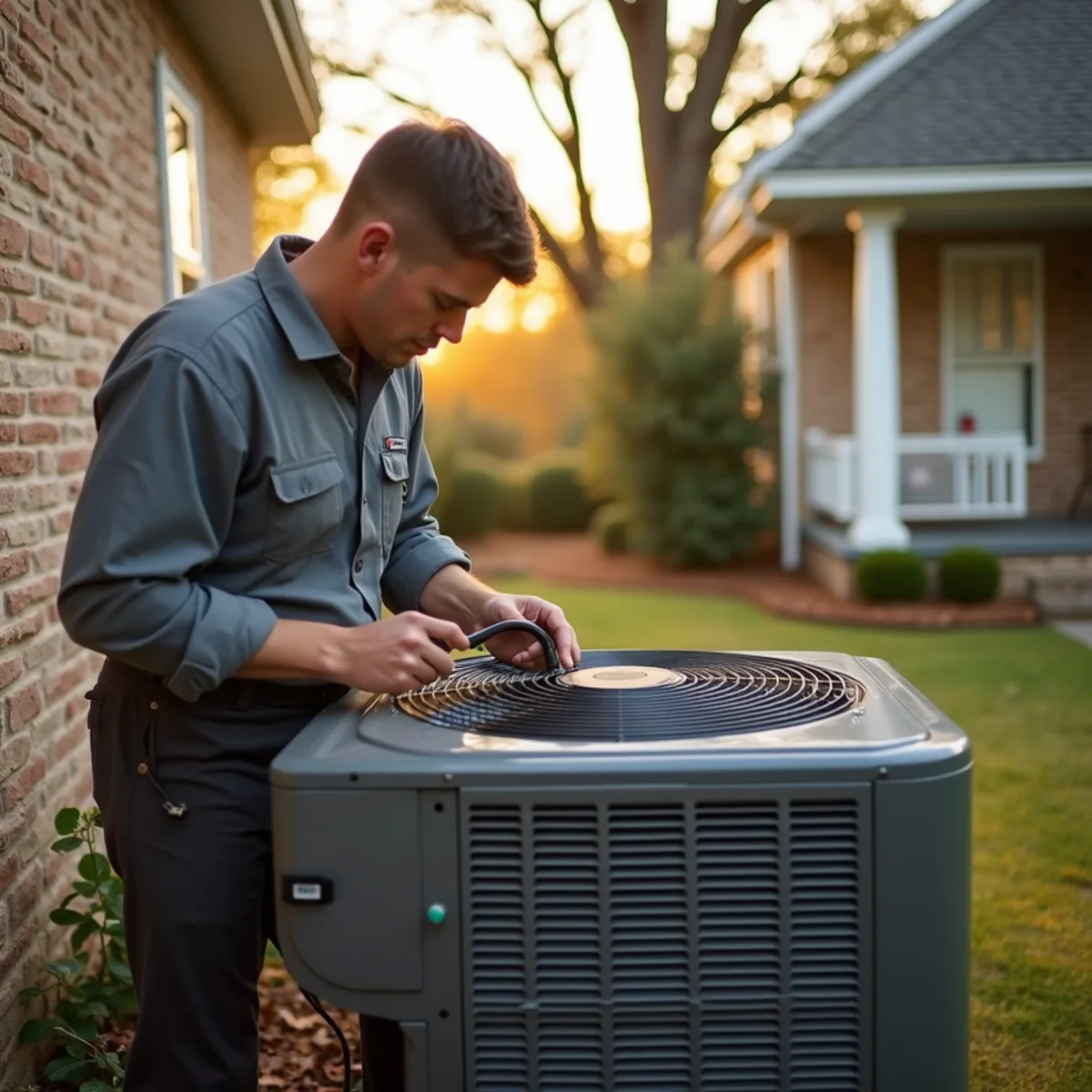 Technician testing a heat pump in defrost mode outside a Hickory, LA home in fall