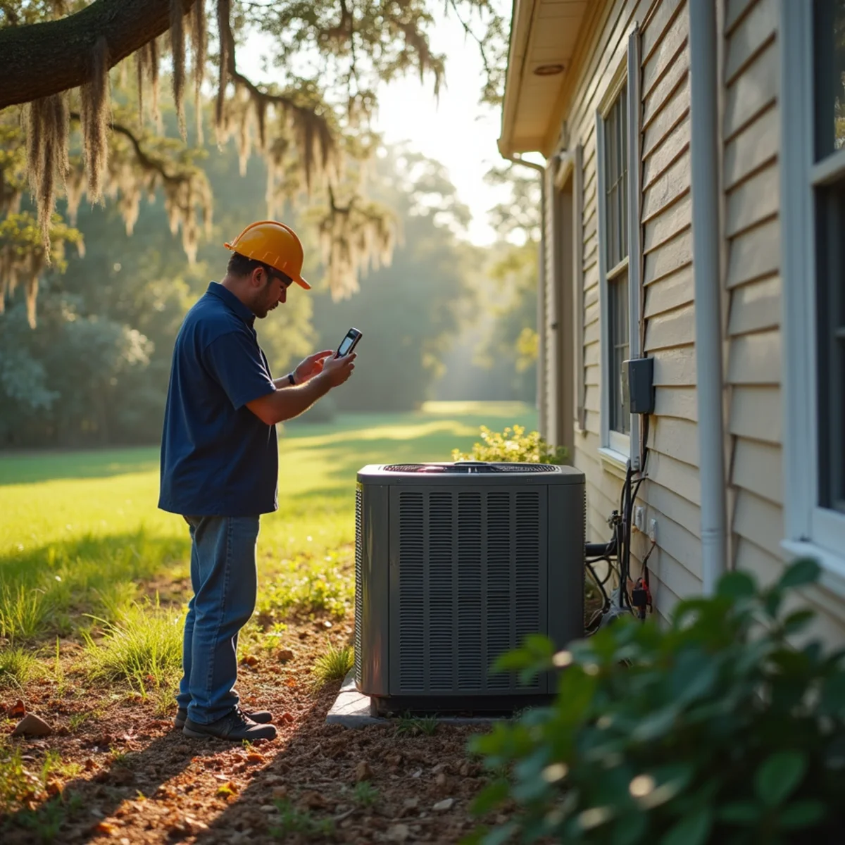 Homeowner photographing a flood-damaged HVAC condenser to document an insurance claim in Louisiana