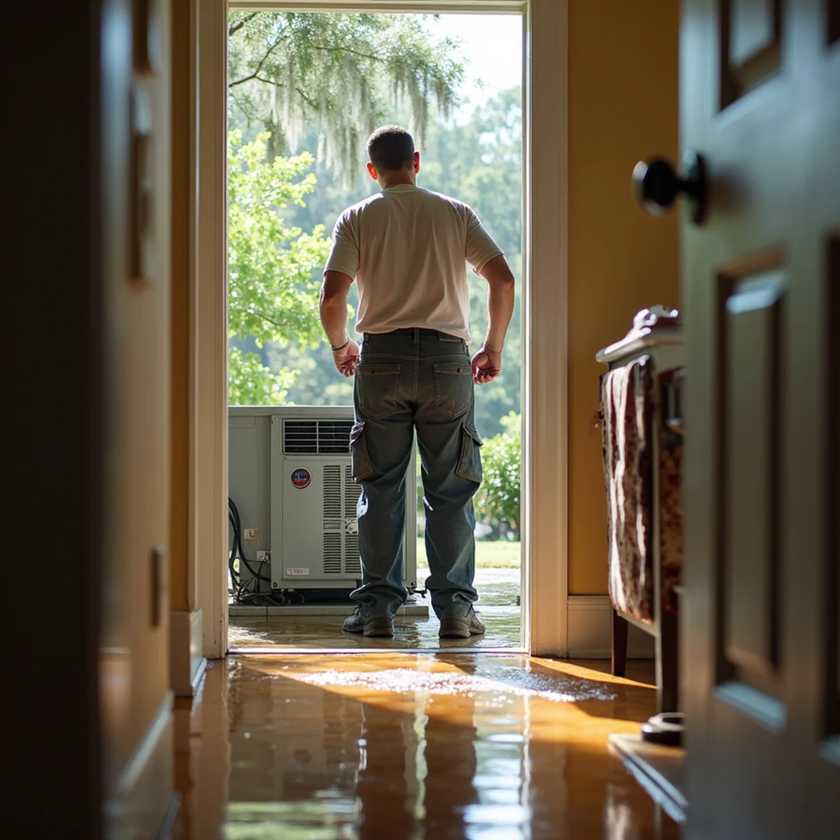 Water-damaged indoor air handler with standing water on the floor of a Covington, LA home near the Bogue Falaya