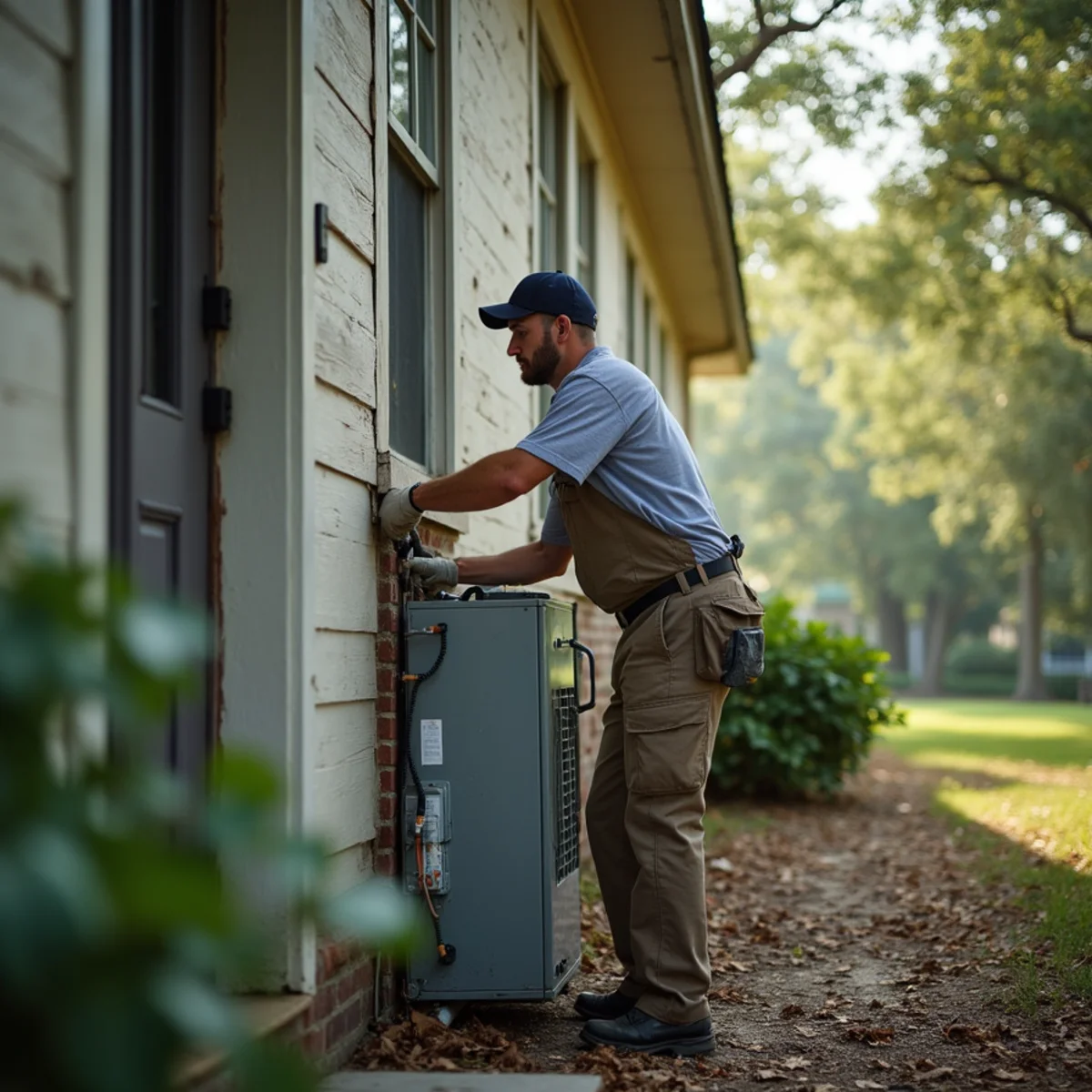 HVAC technician replacing an aging furnace at an older home in Franklinton, LA
