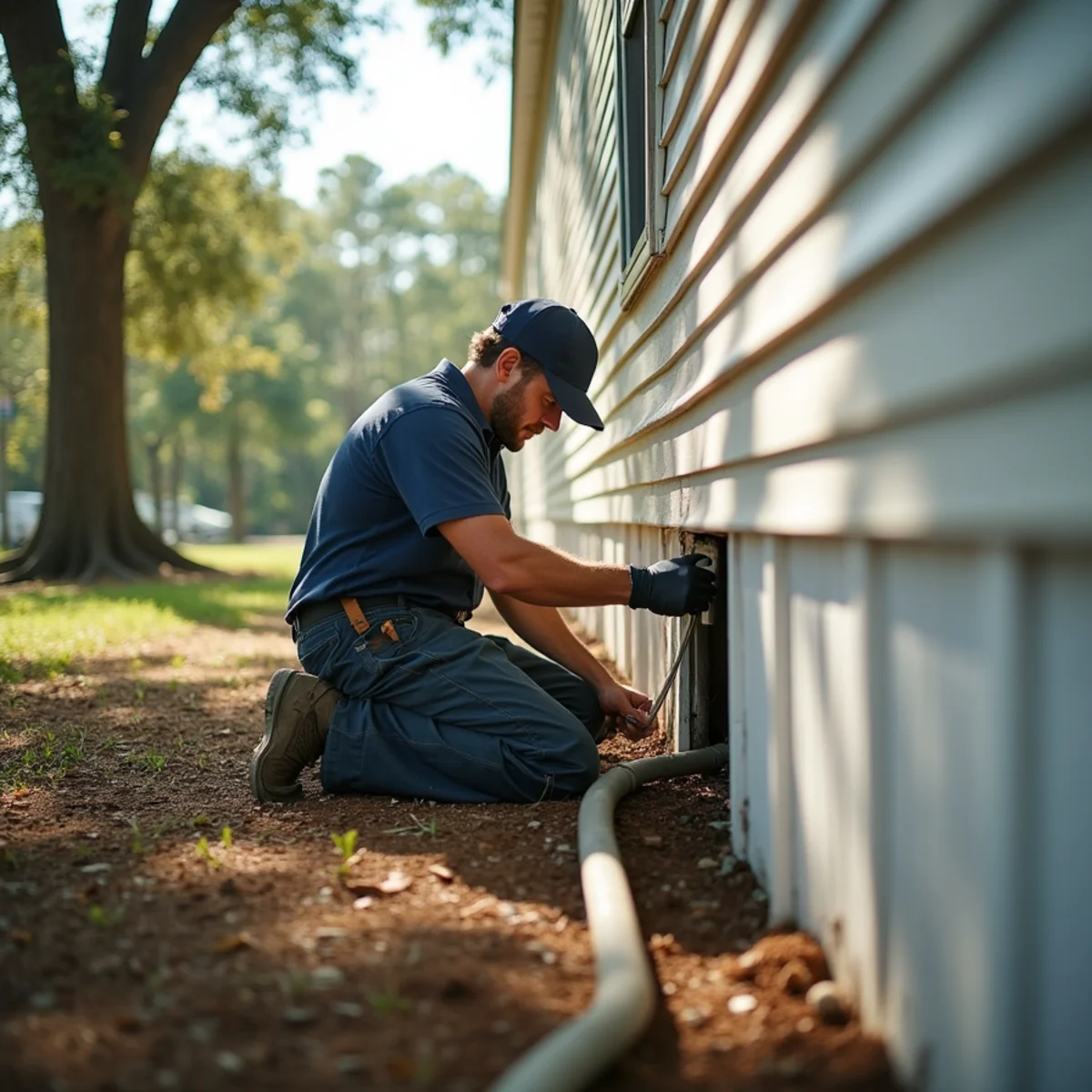 HVAC technician sealing belly ductwork under a manufactured home in Goodbee, LA