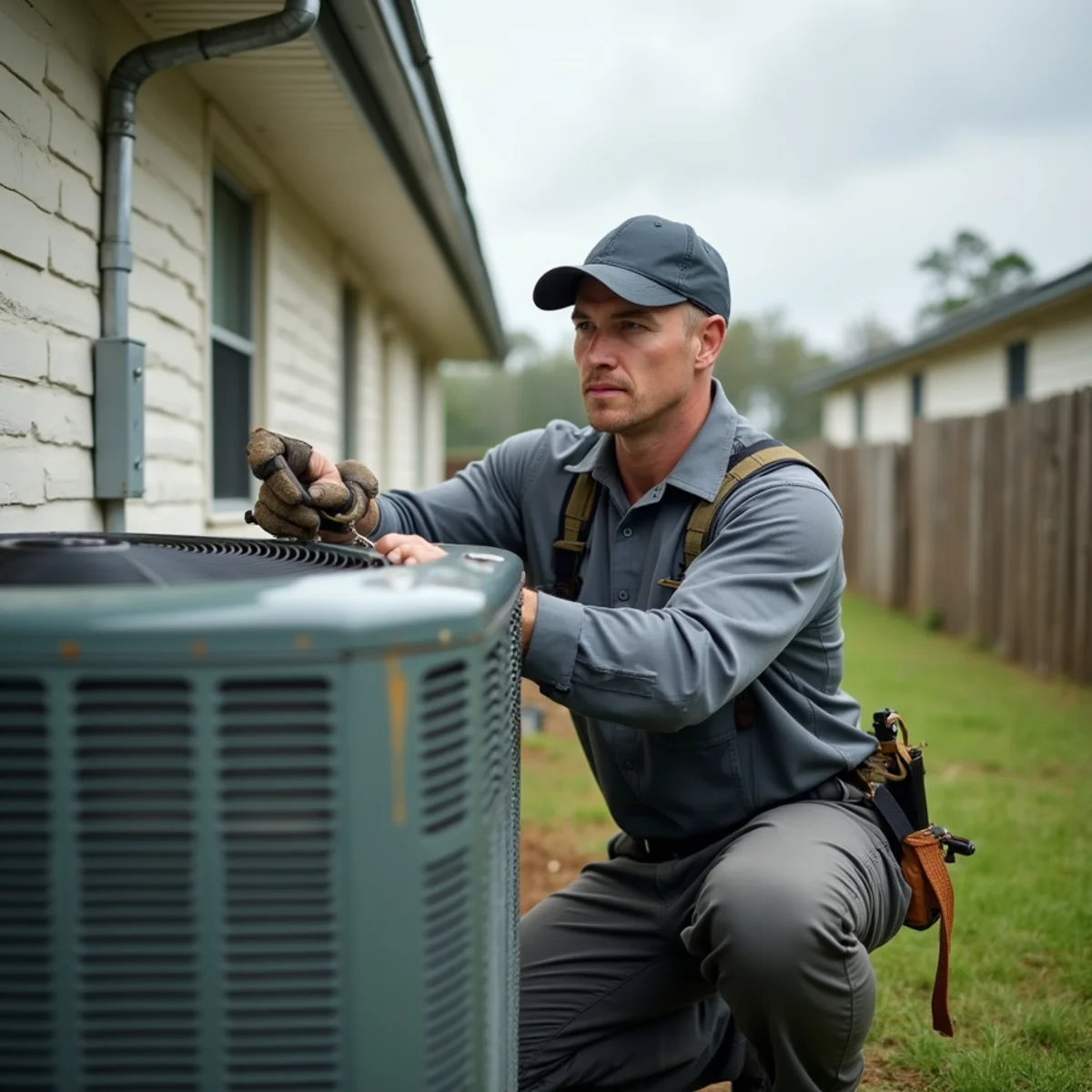 HVAC technician installing a new condenser at a rental property near the university in Hammond, LA