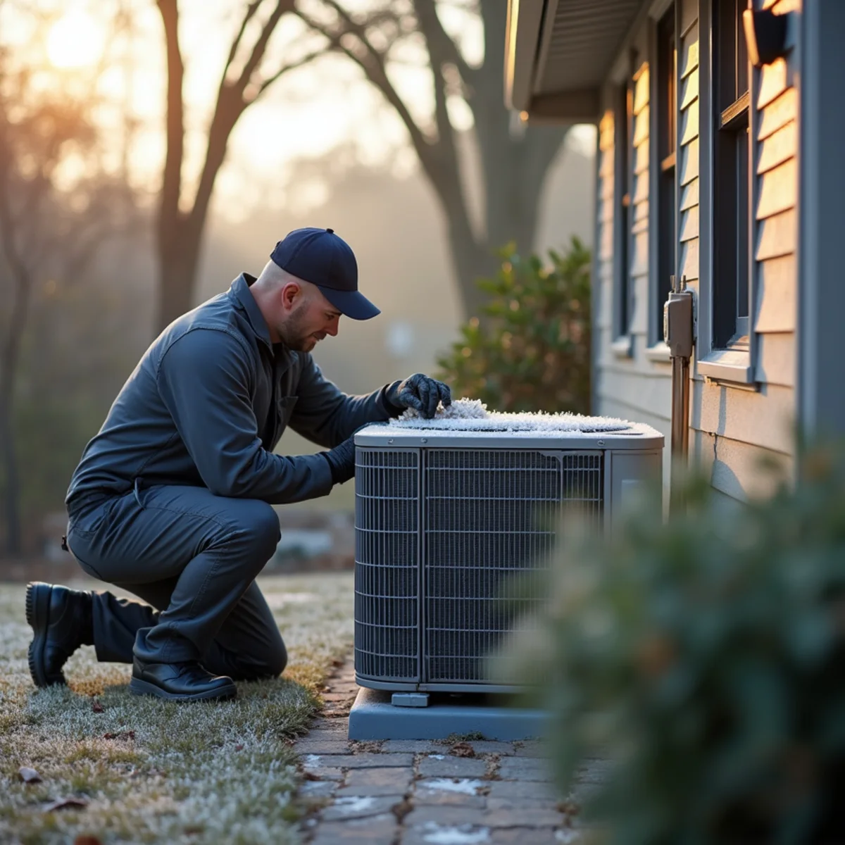 Frost on an outdoor heat pump on a cold winter morning in Folsom, Louisiana