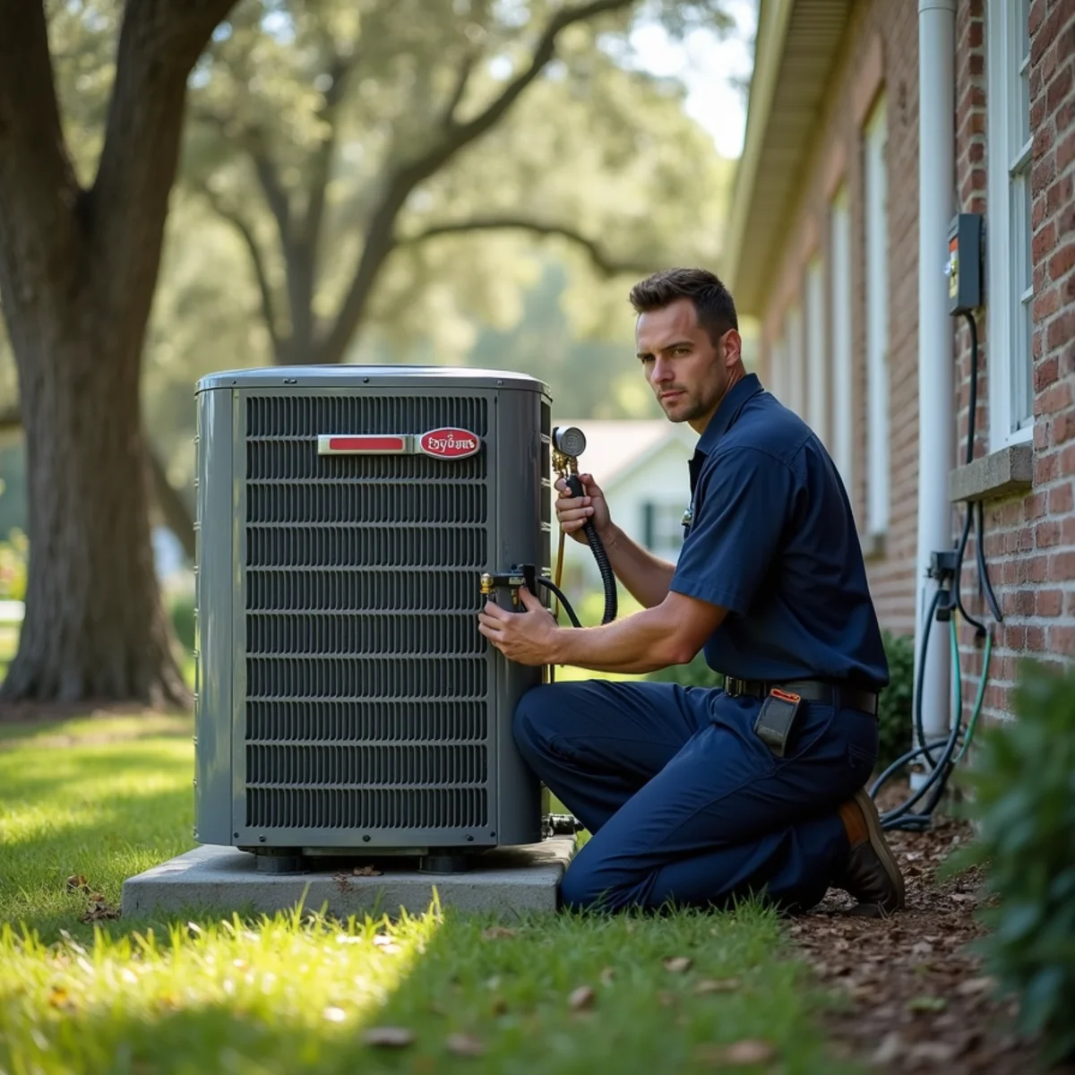 HVAC technician servicing an air conditioner outside a Covington, LA home