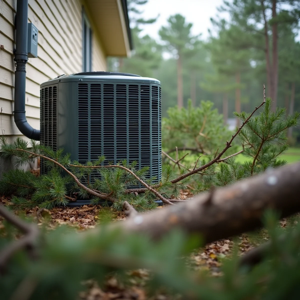 Storm-damaged outdoor AC condenser surrounded by fallen pine branches at a Covington, LA home