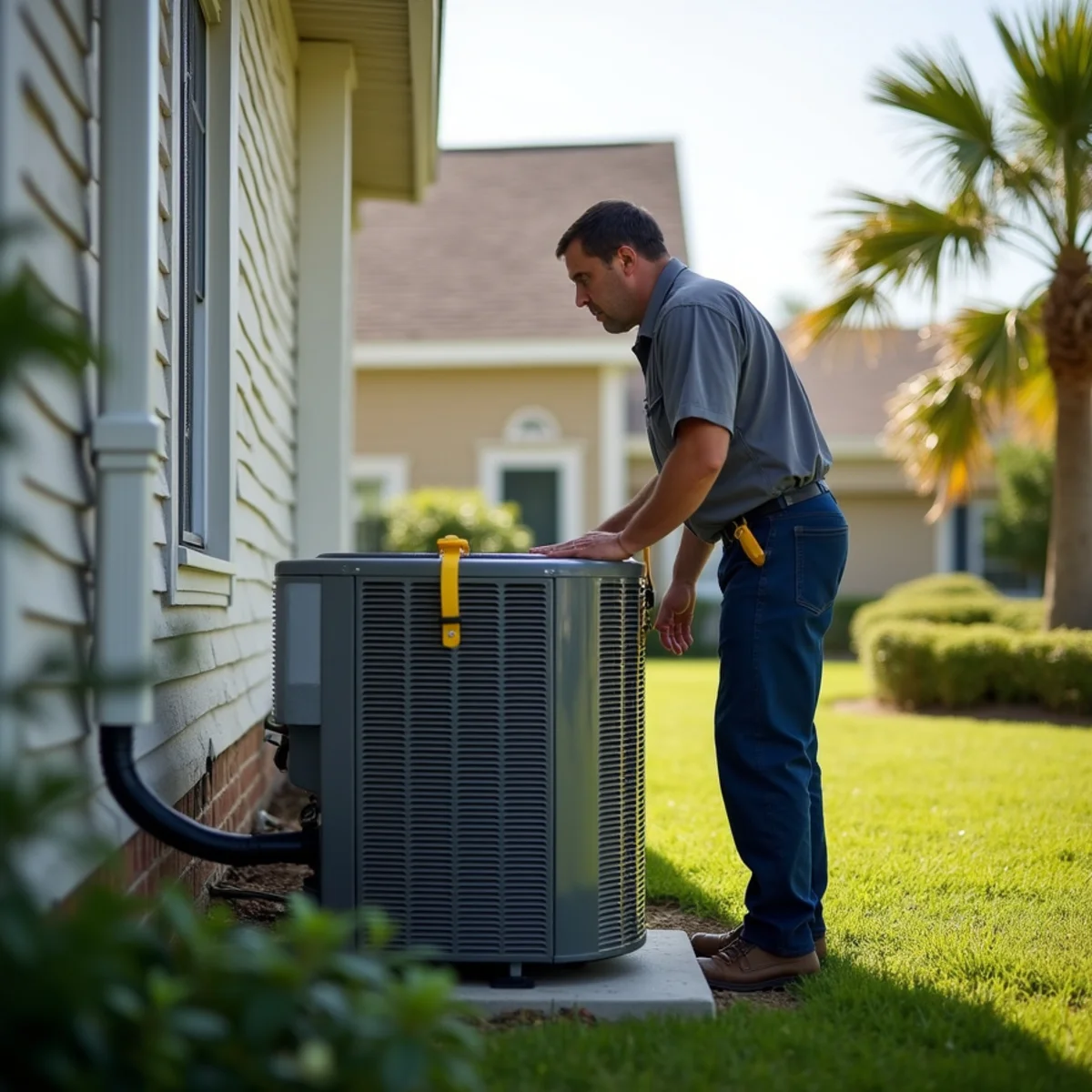 Condenser unit secured with hurricane straps outside a Mandeville, LA home before a storm
