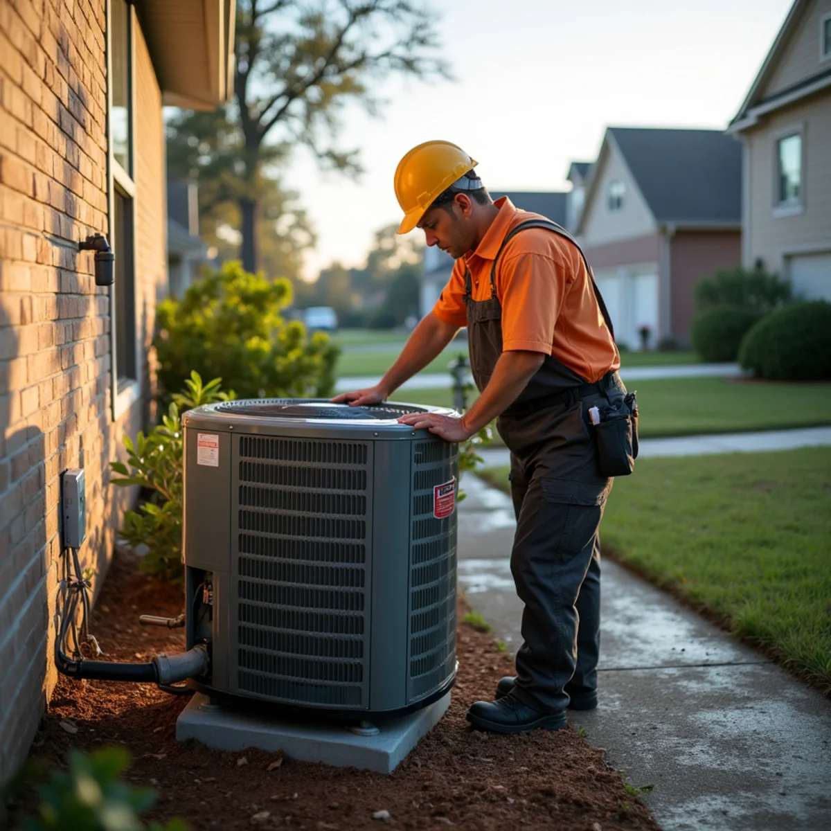 Storm-damaged outdoor HVAC condenser being inspected after a hurricane in Covington, LA
