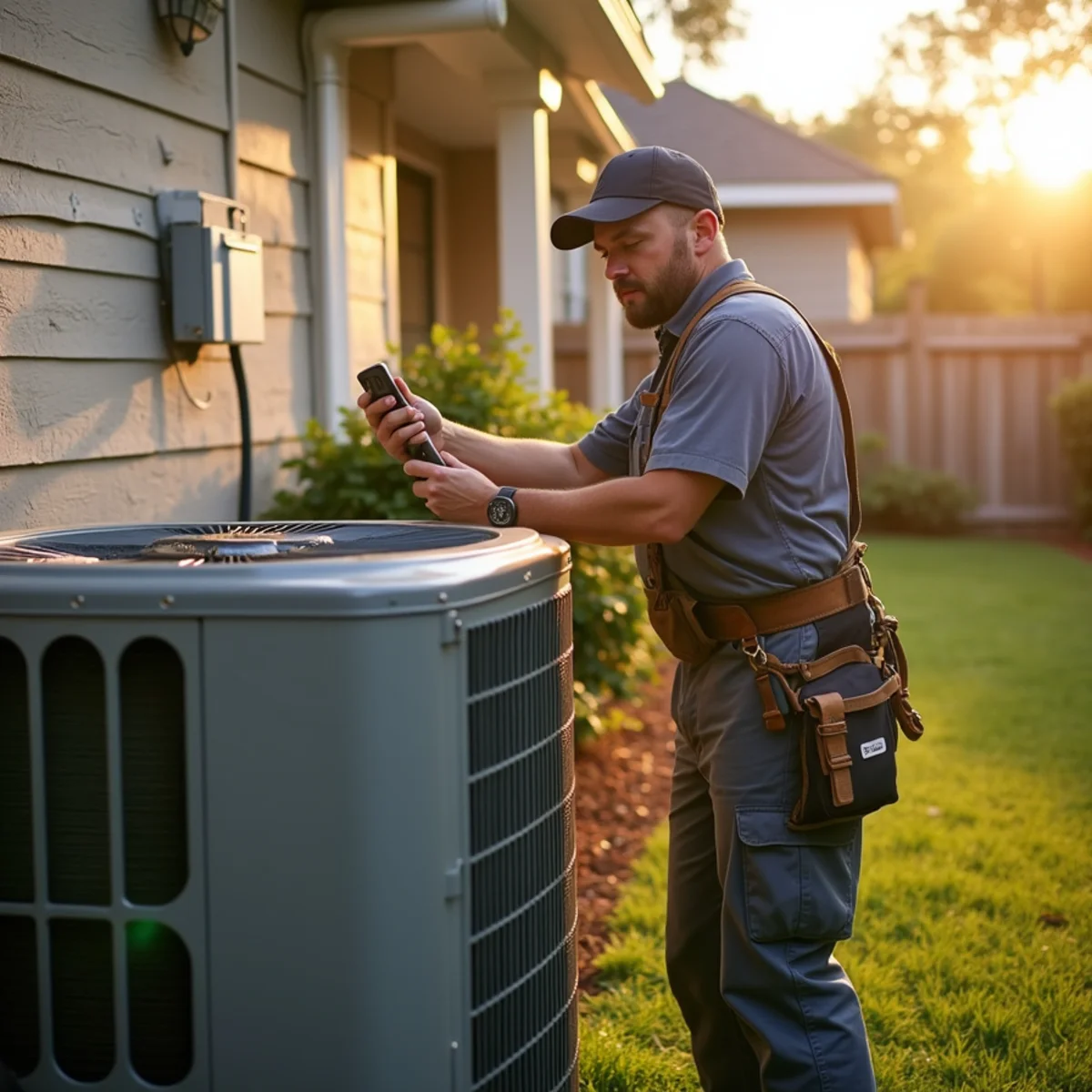 Homeowner securing an outdoor AC condenser before a hurricane in Slidell, Louisiana