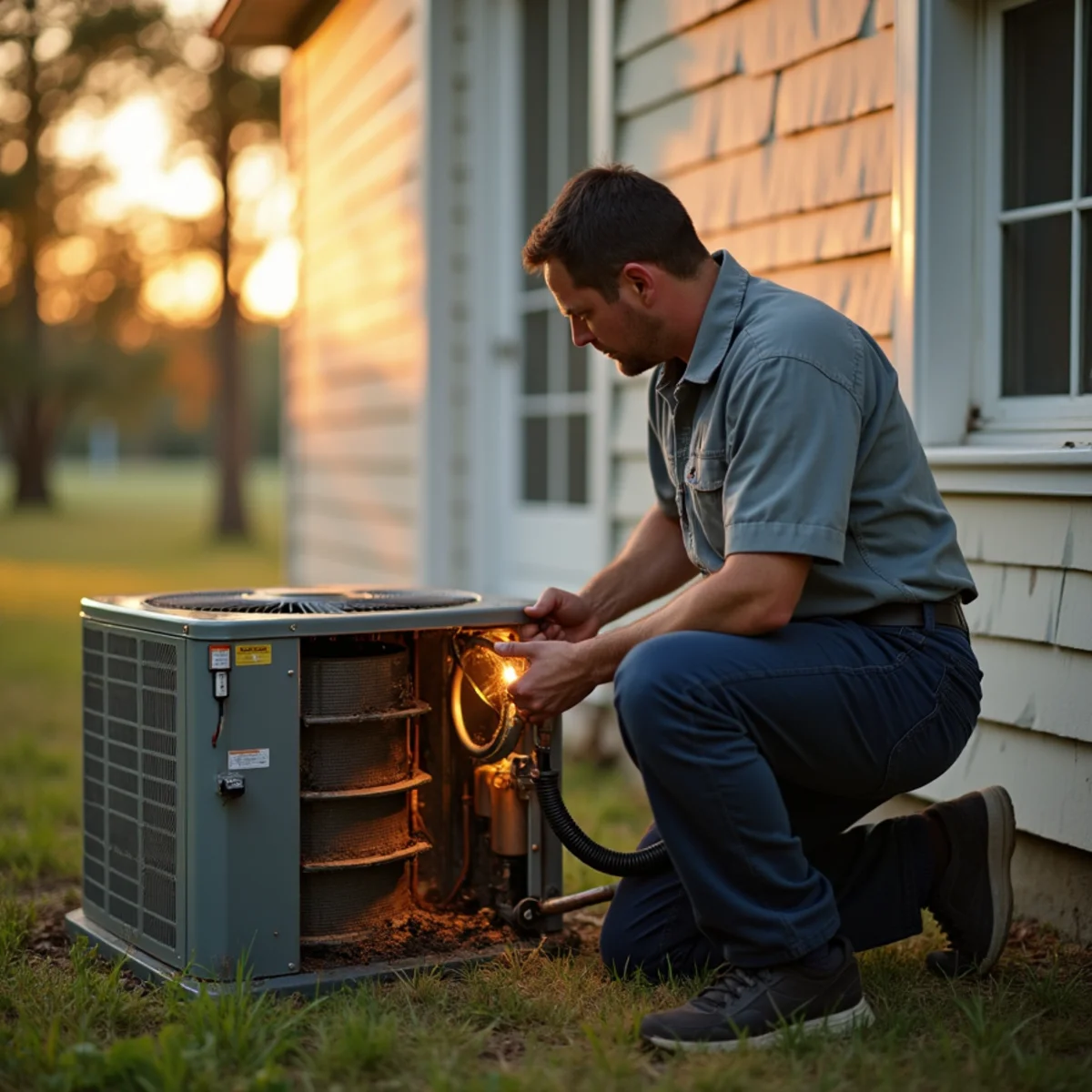 HVAC technician cleaning a pollen-clogged heat pump coil at a rural crossroads home in Husser, LA