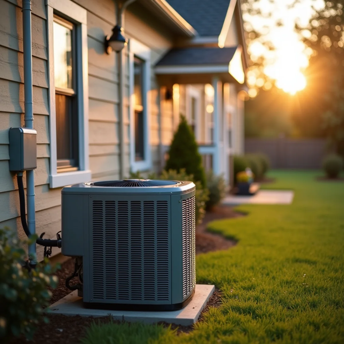 Aging 1990s builder-grade AC condenser beside a Northpark home in Covington, LA