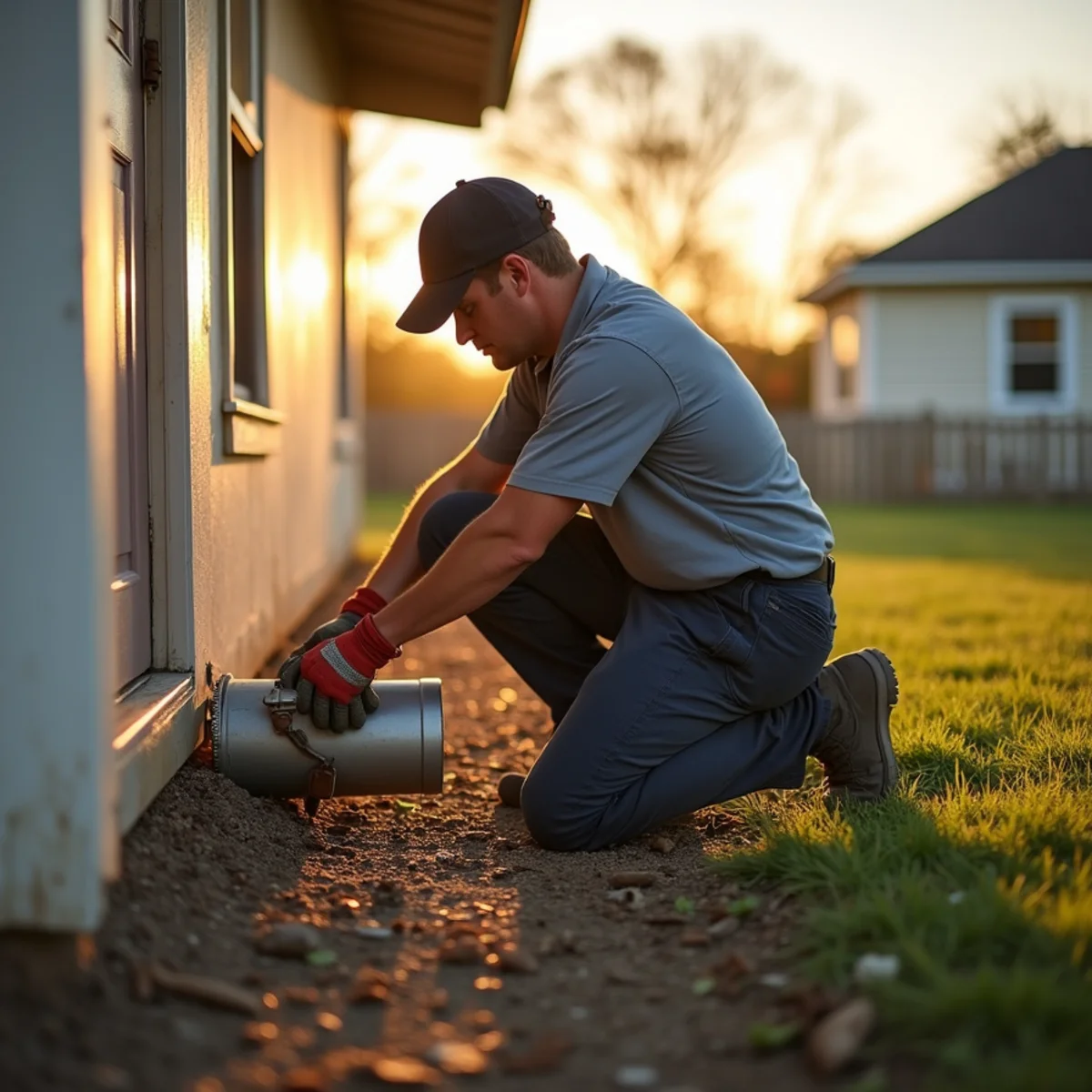 HVAC technician replacing corroded slab ductwork at a flood-affected home in Independence, LA