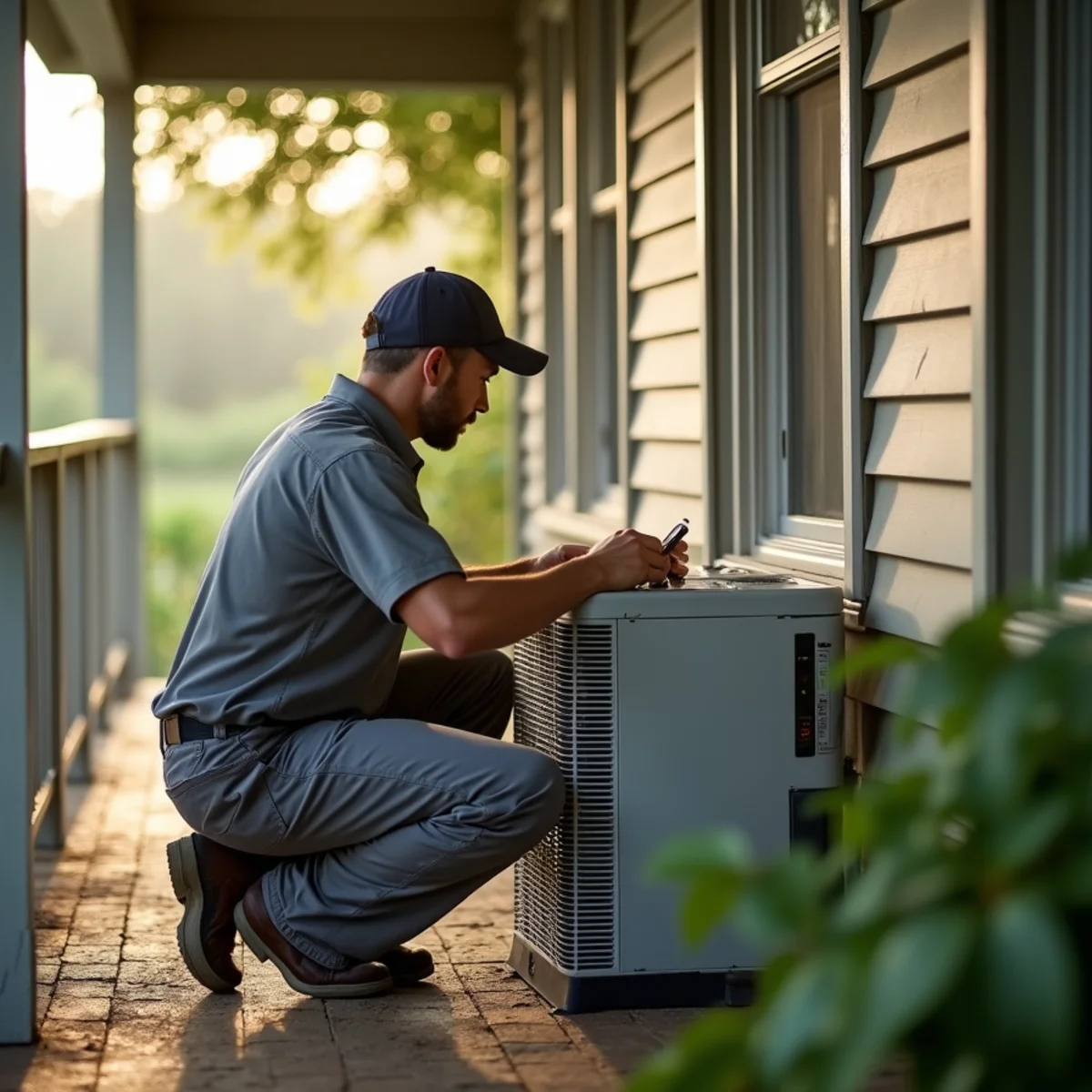 HVAC technician installing a whole-home dehumidifier at a raised bayou home in Lacombe, LA