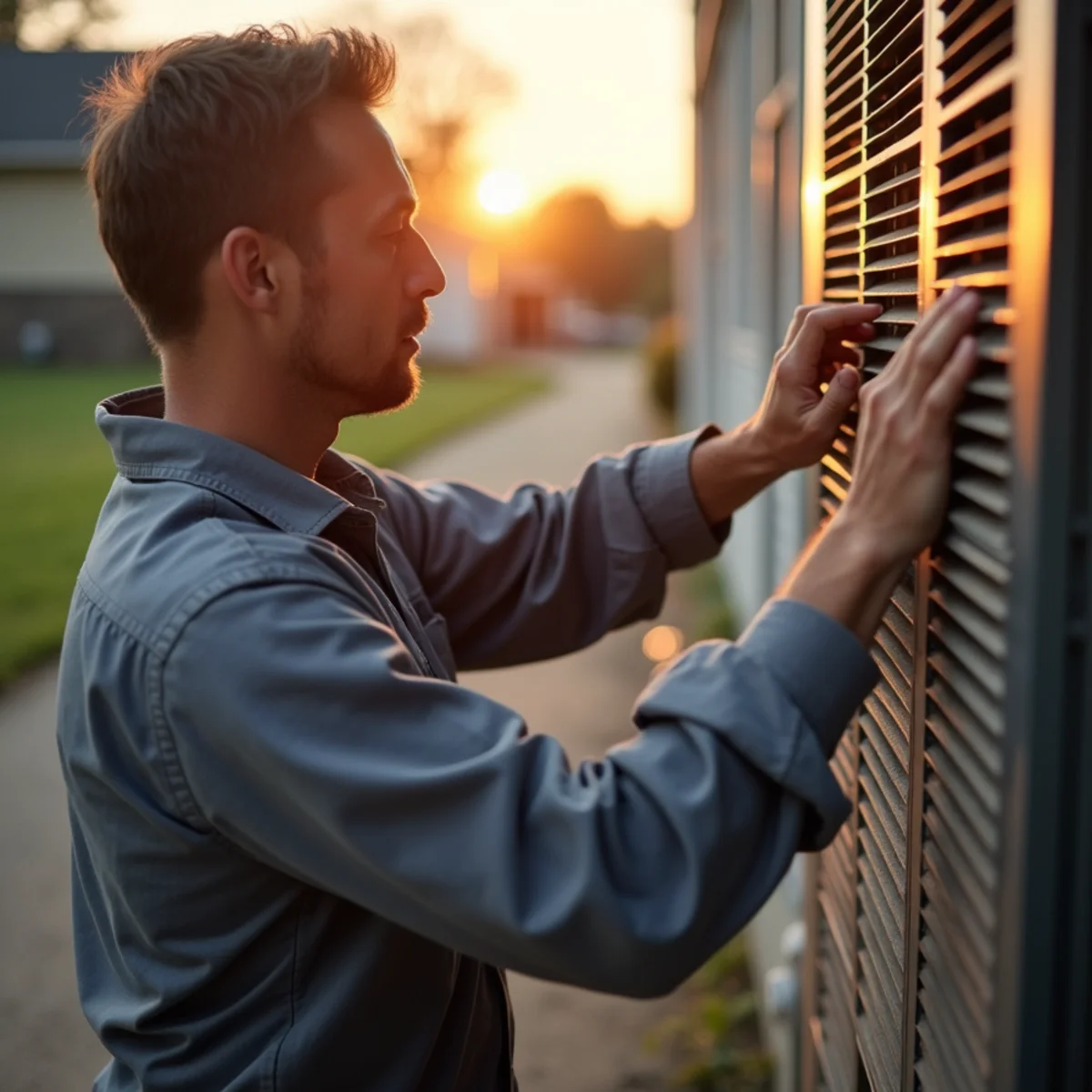 Commercial HVAC technician servicing air handling equipment at a medical office in Covington, LA