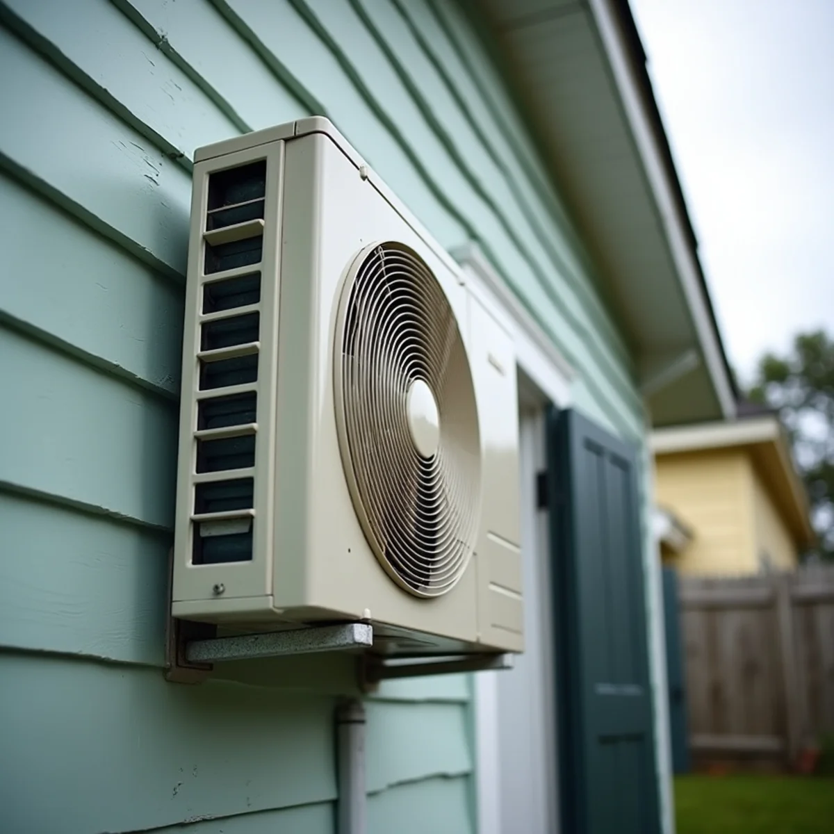 Ductless mini-split head mounted on the wall of a historic cottage in Old Covington, LA