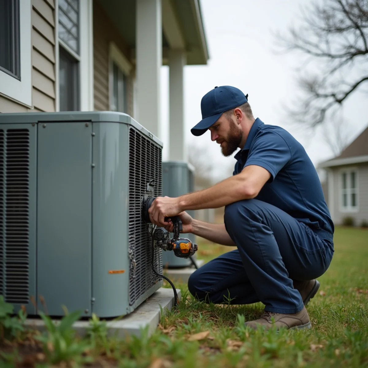 HVAC technician replacing a storm-damaged compressor at a home in New Orleans, LA