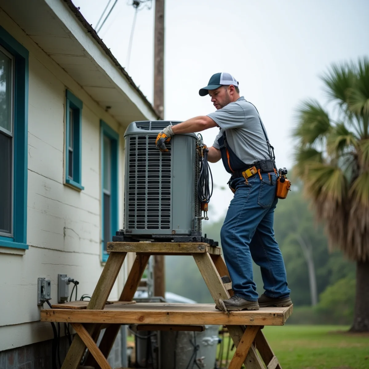 HVAC technician mounting an air handler on an elevated platform at a flood-prone home in Pearl River, LA