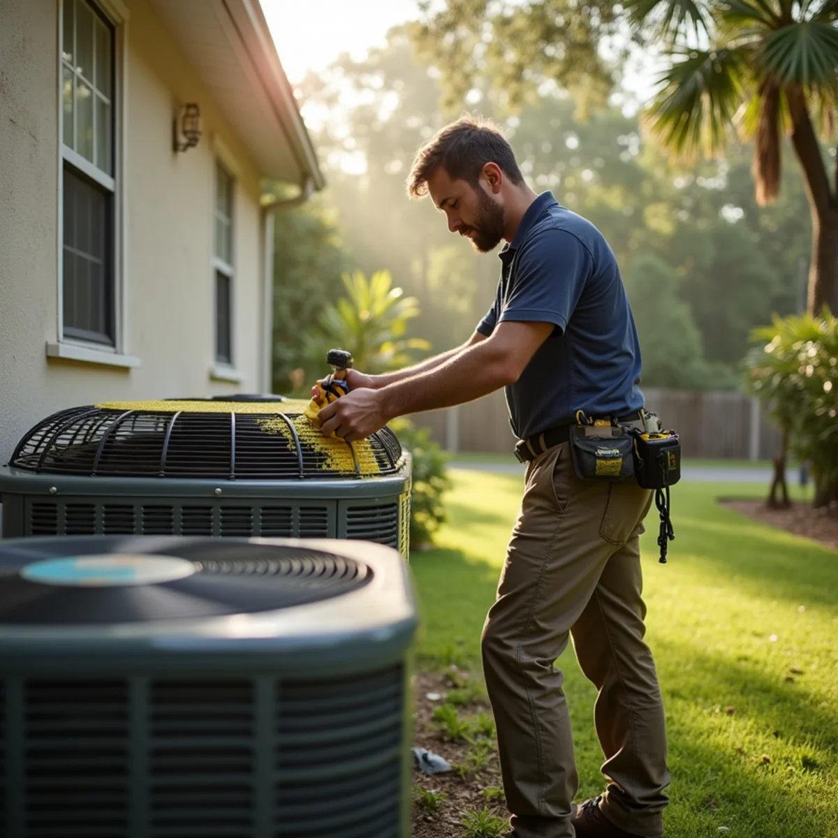 Yellow pine pollen coating an outdoor AC condenser coil in Bush, Louisiana in spring