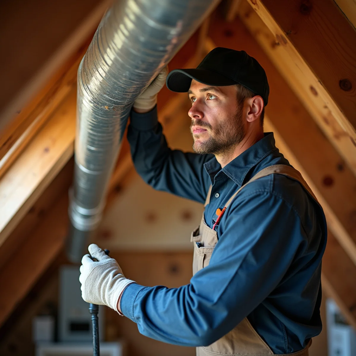 HVAC technician sealing attic ductwork in an older antique-district home in Ponchatoula, LA