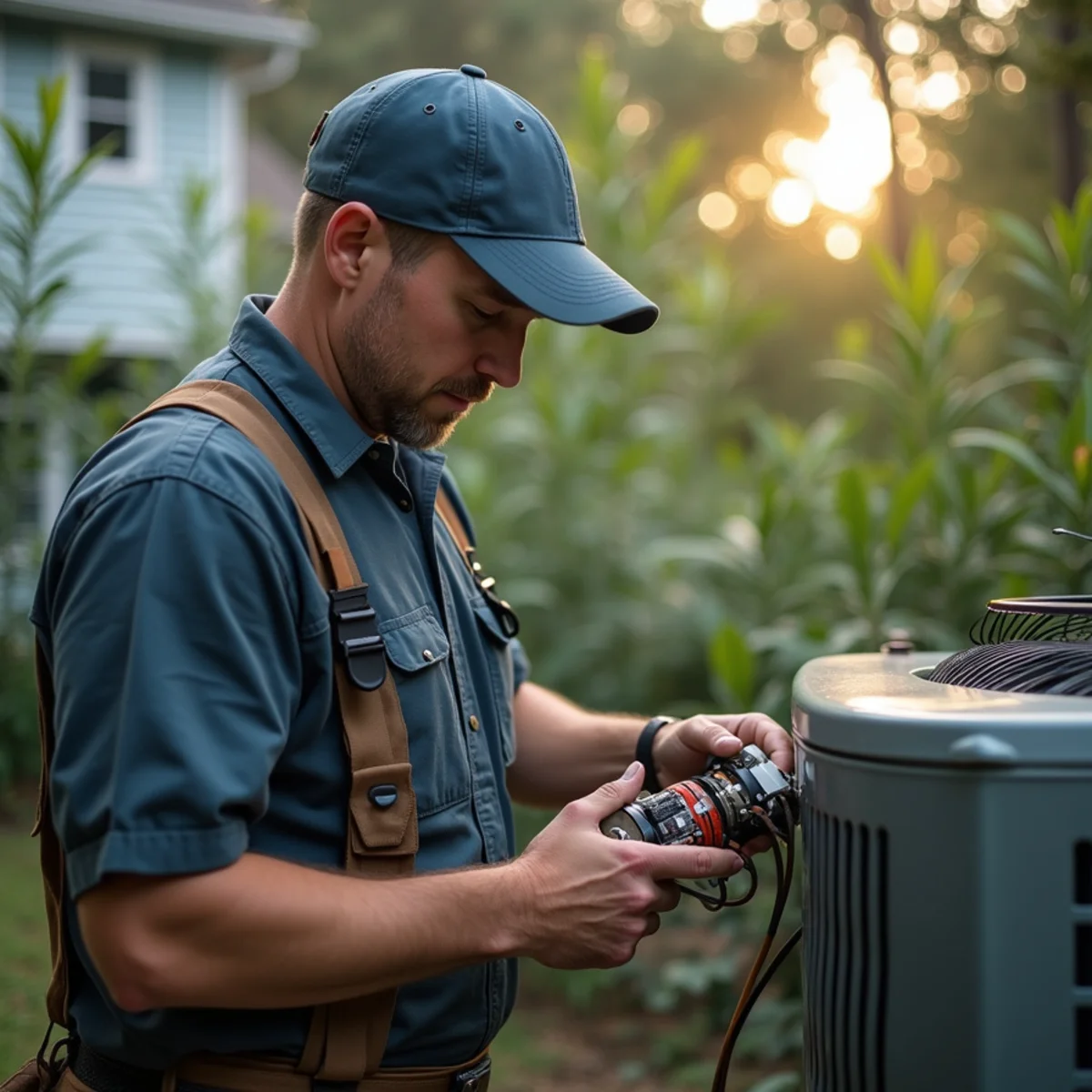 Technician inspecting a burnt AC compressor contactor after a storm-related power surge near Covington, LA