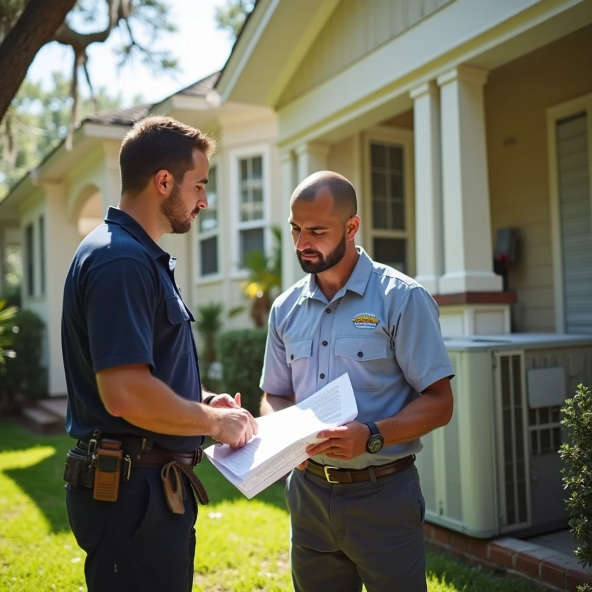 Property manager reviewing an HVAC inspection report at a Slidell, LA rental property
