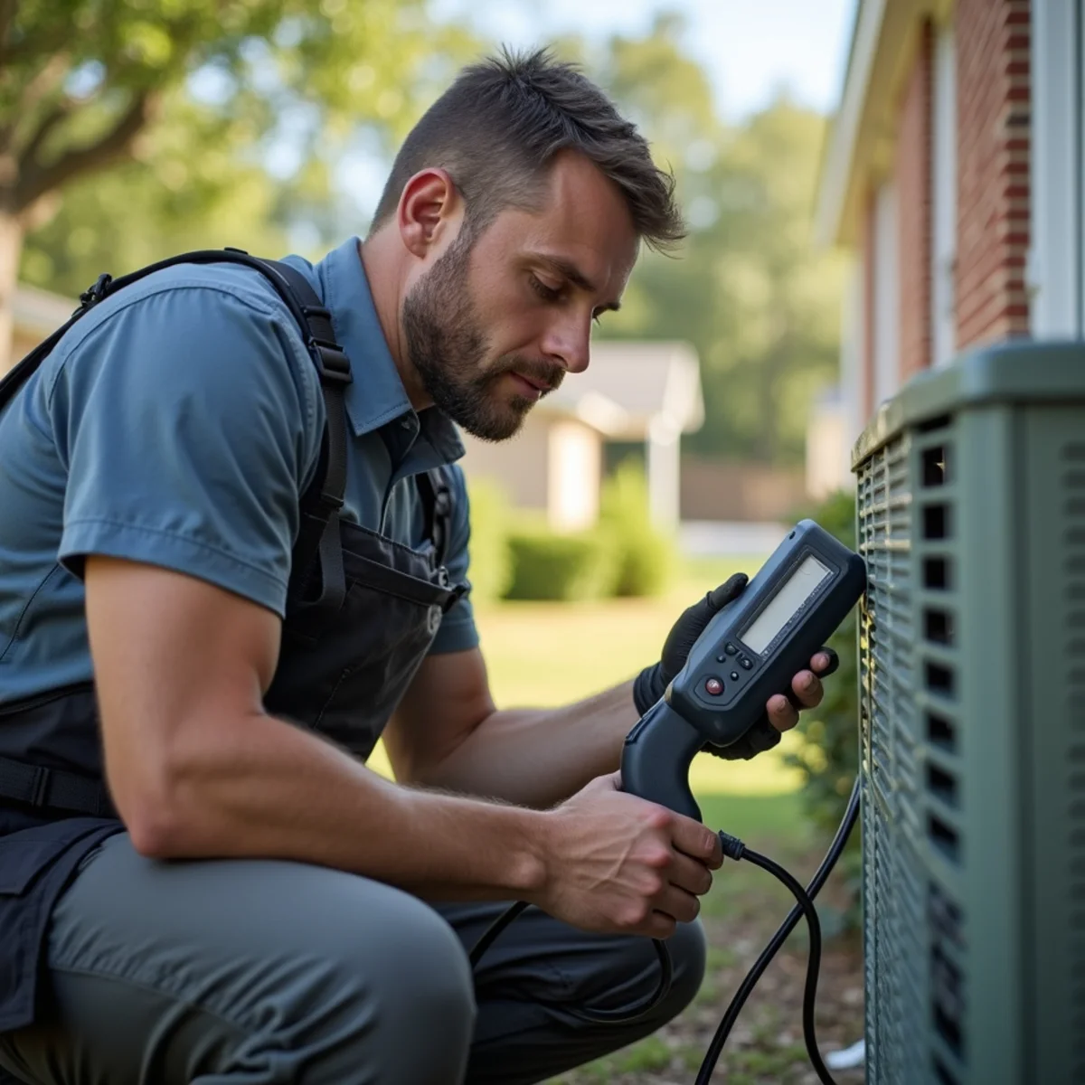 HVAC technician using an electronic leak detector on an AC line set in Covington, LA