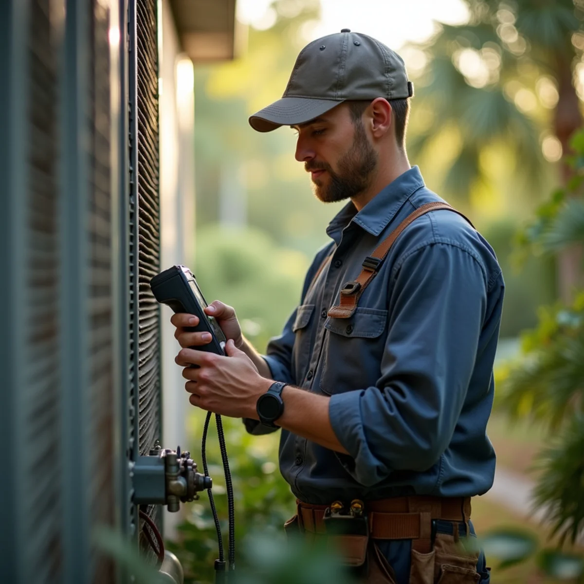 HVAC technician using electronic leak detection on an air conditioner refrigerant line in Covington, LA