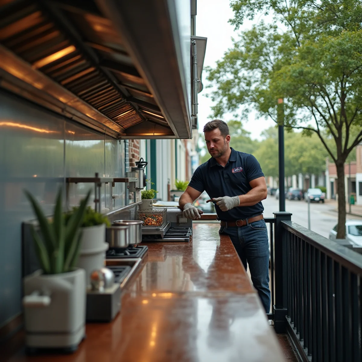 Commercial kitchen exhaust hood and rooftop makeup air unit at a downtown Covington, LA restaurant