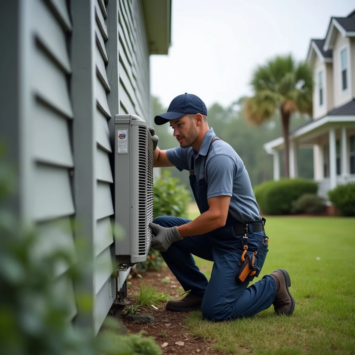 HVAC technician servicing an air conditioner at a riverfront golf-community home in River Forest, Covington, LA