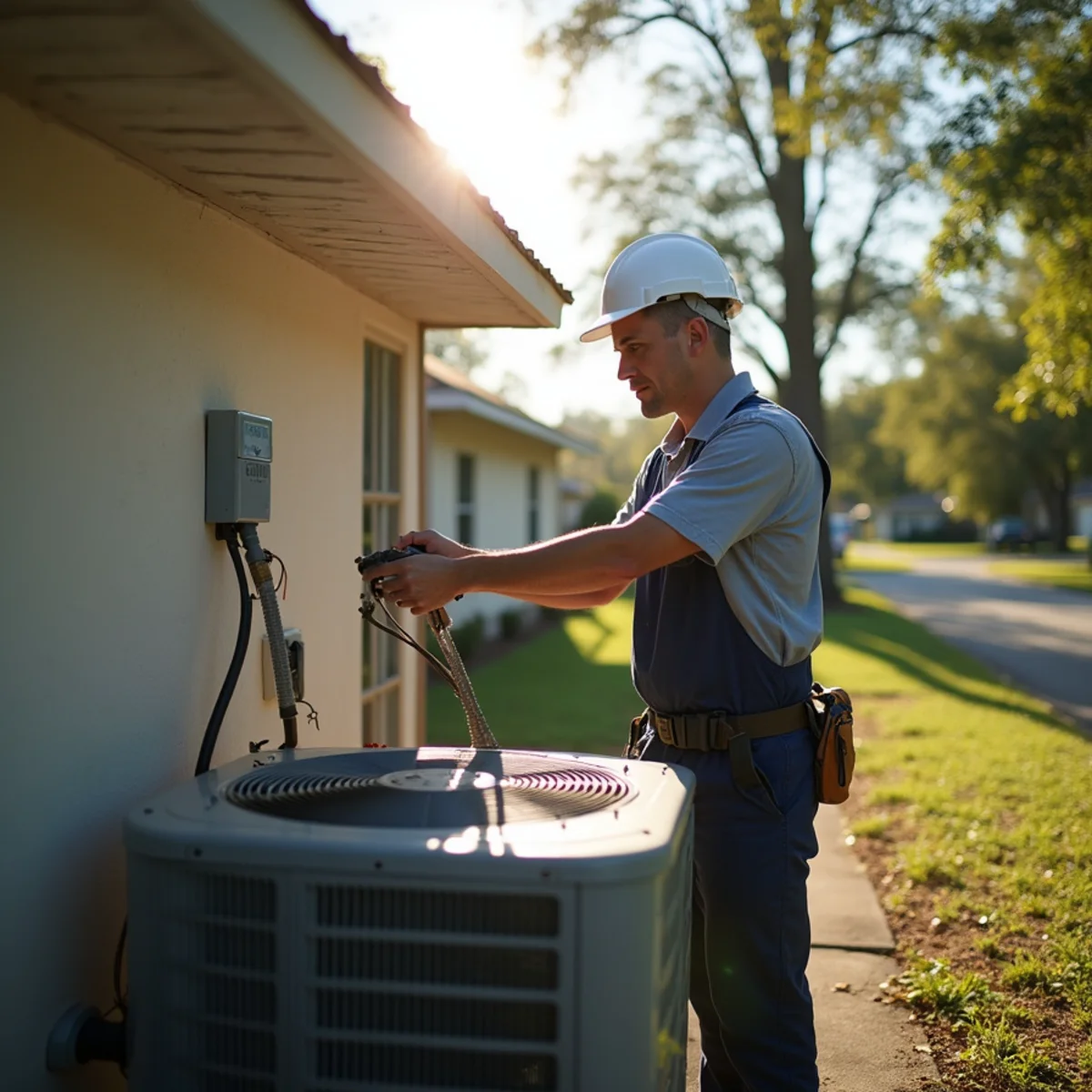 HVAC technician replacing an aging heating and cooling system at an older home in Roseland, LA