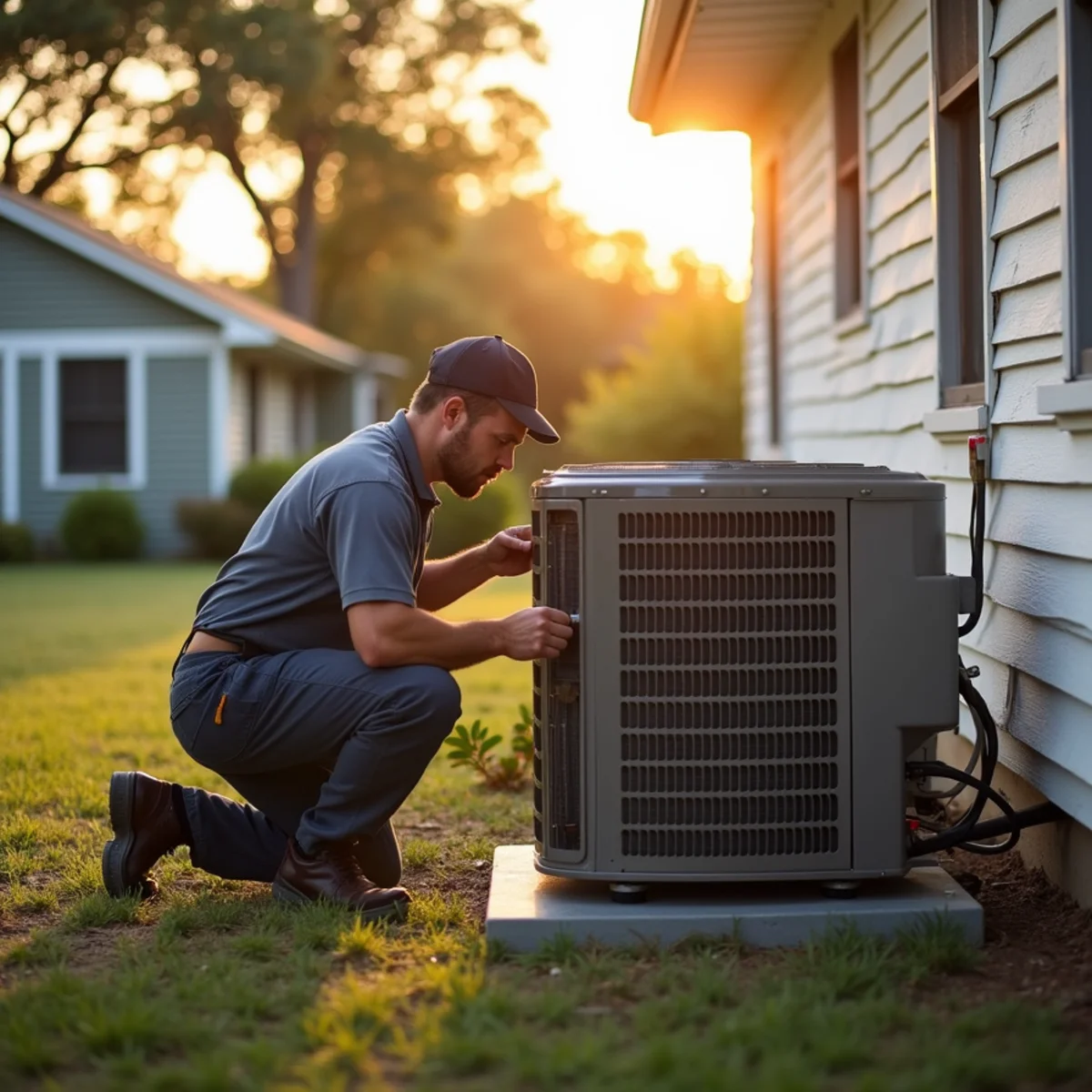 HVAC technician installing a new AC system on a raised pad at a home in Slidell, LA