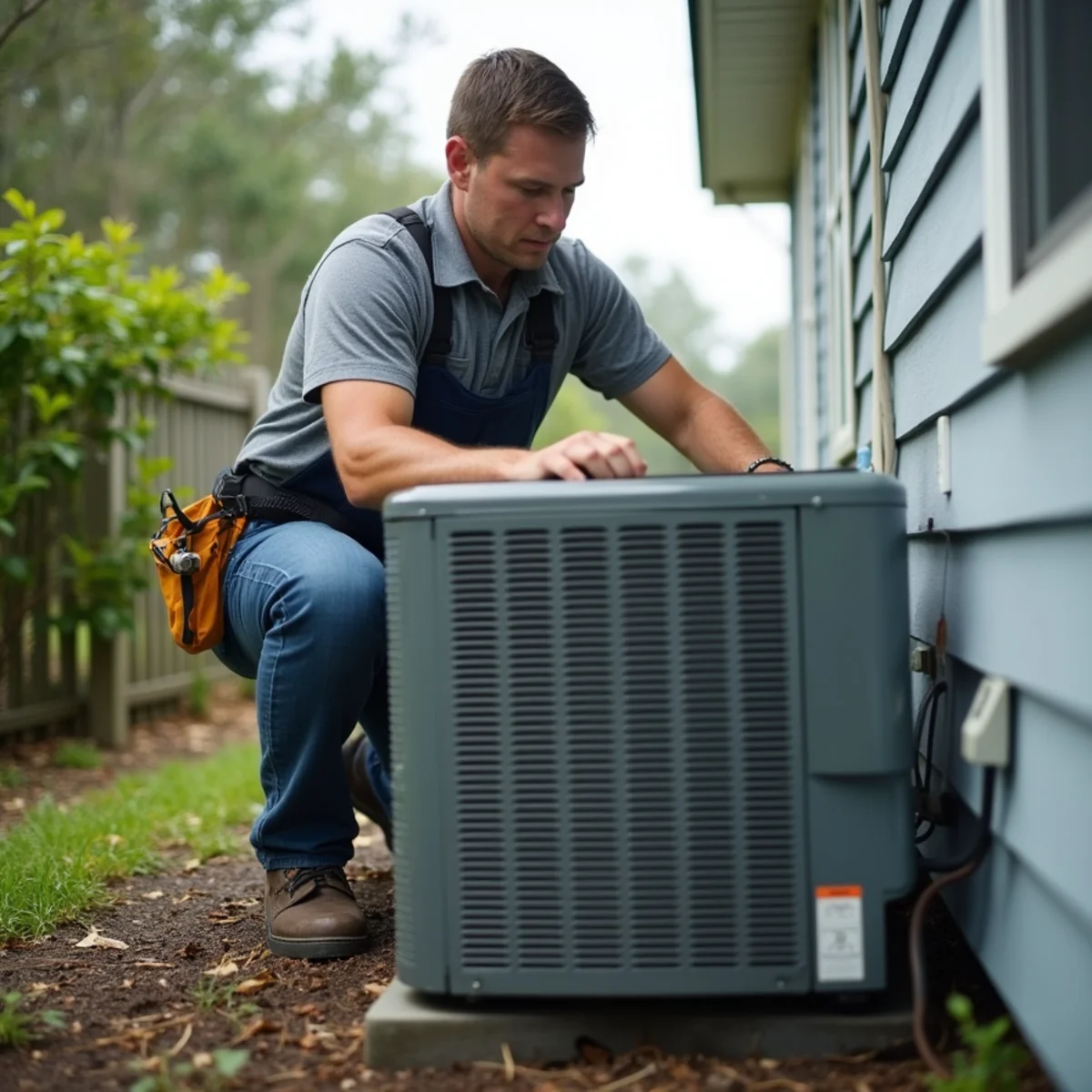 HVAC technician performing a spring AC tune-up on a condenser unit outside a Covington, LA home