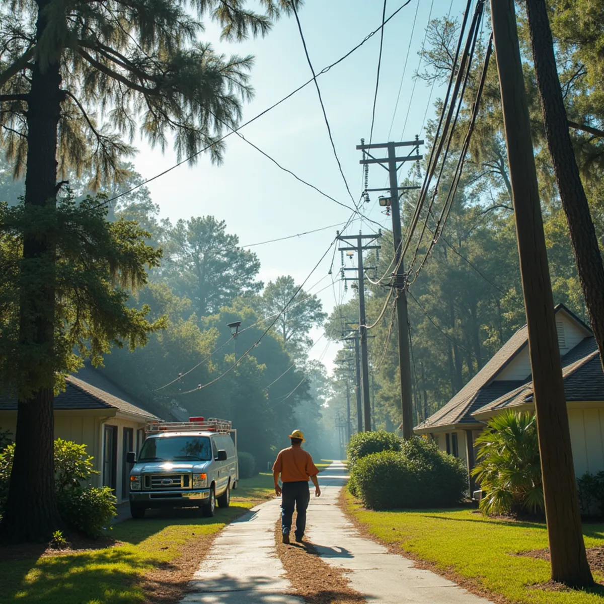 Downed power lines after a hurricane near Pearl River, Louisiana with homes losing power