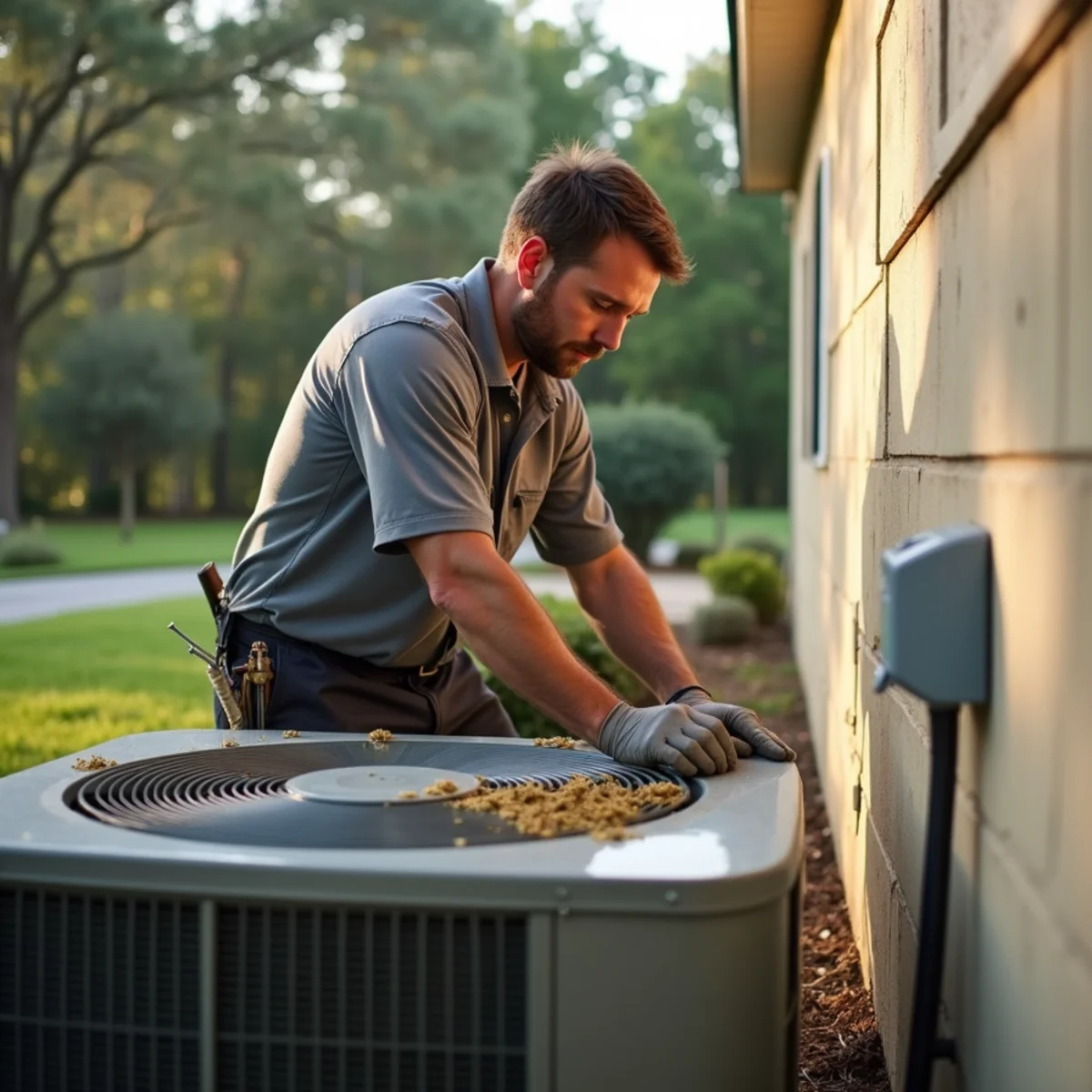 HVAC technician cleaning pine pollen from a heat pump coil at a rural home in Sun, LA
