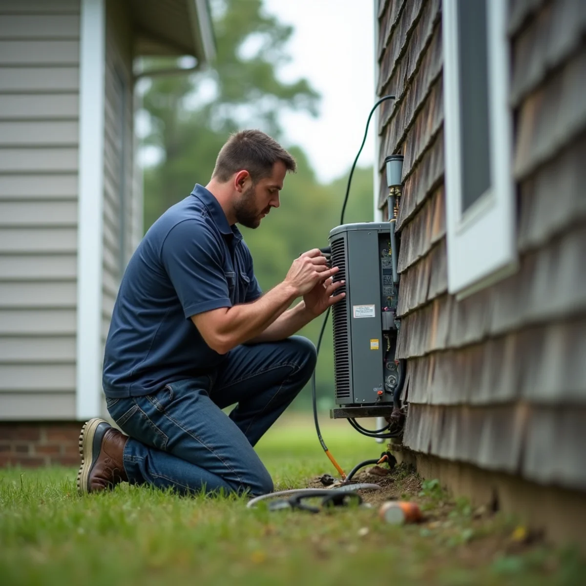 HVAC technician replacing a failed capacitor at a remote rural home in Talisheek, LA