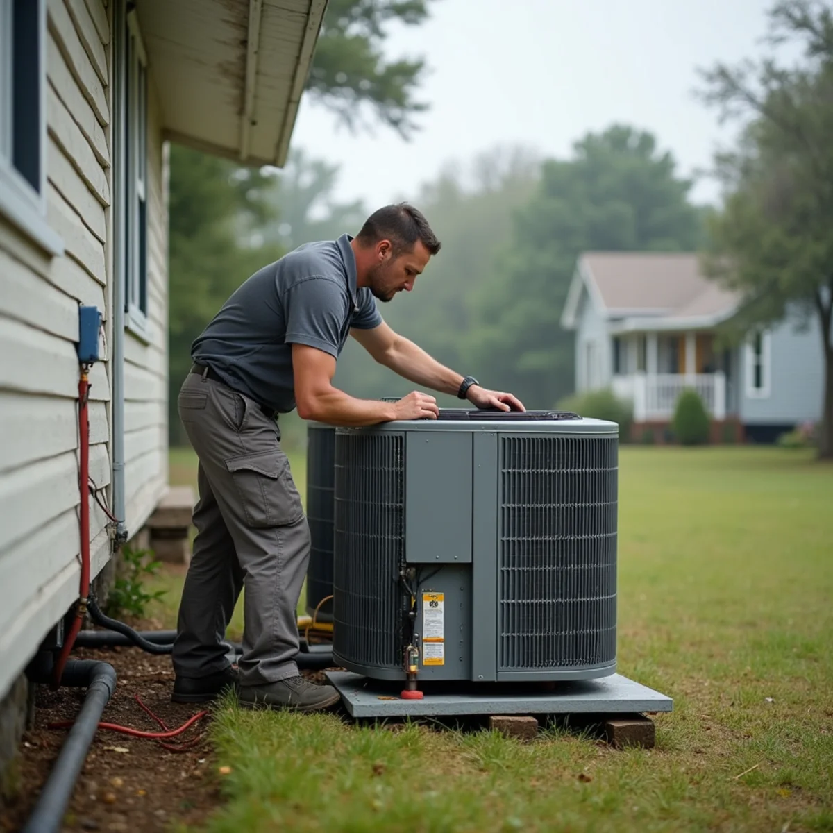 HVAC technician resetting a condenser on a raised pad at a river home in Tickfaw, LA